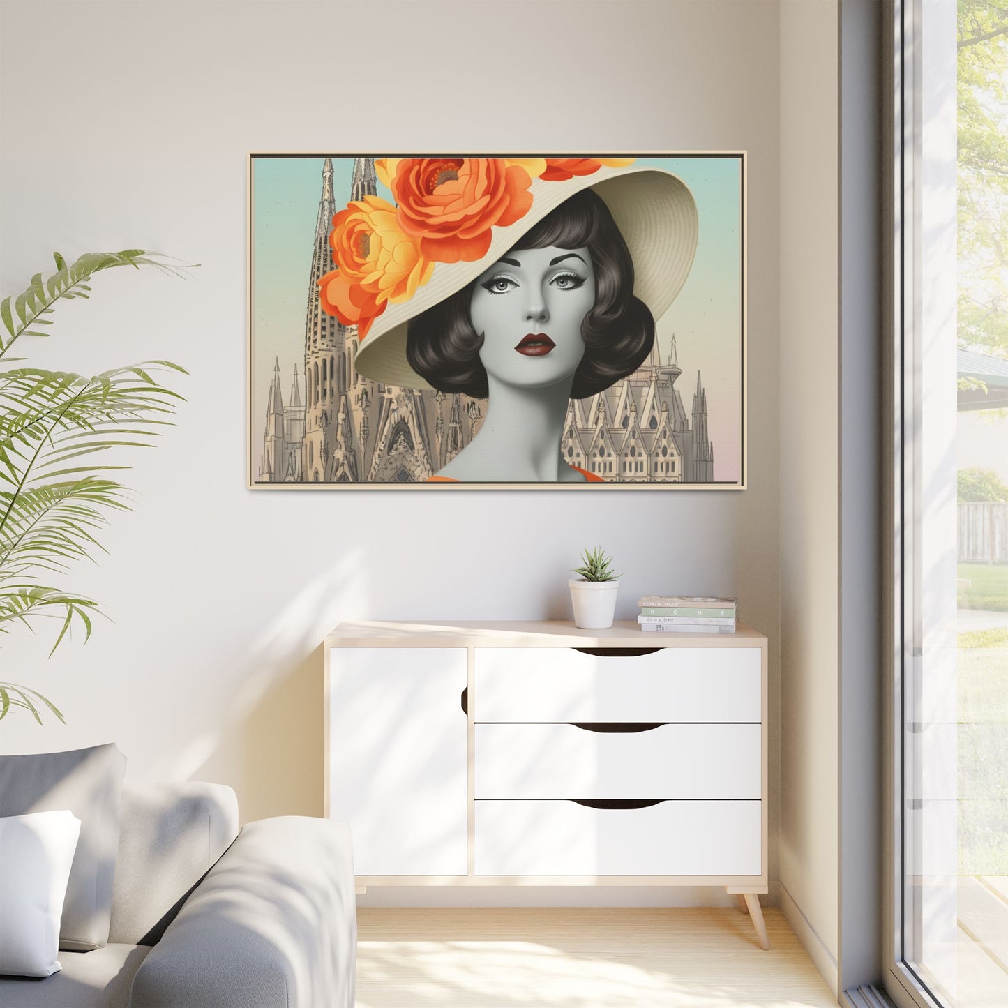 Elegant Vintage Woman with Coffee in front of Sagrada Familia in Barcelona — Retro Pop Art Framed Matte Canvas