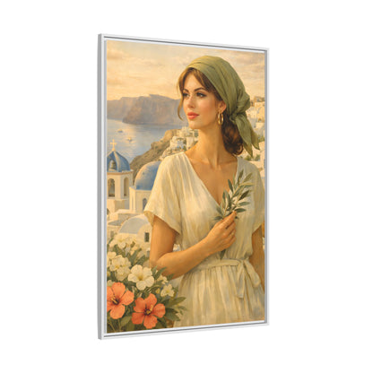 Oia Santorini Greek Woman Portrait — Romantic Vintage Framed Matte Canvas Art