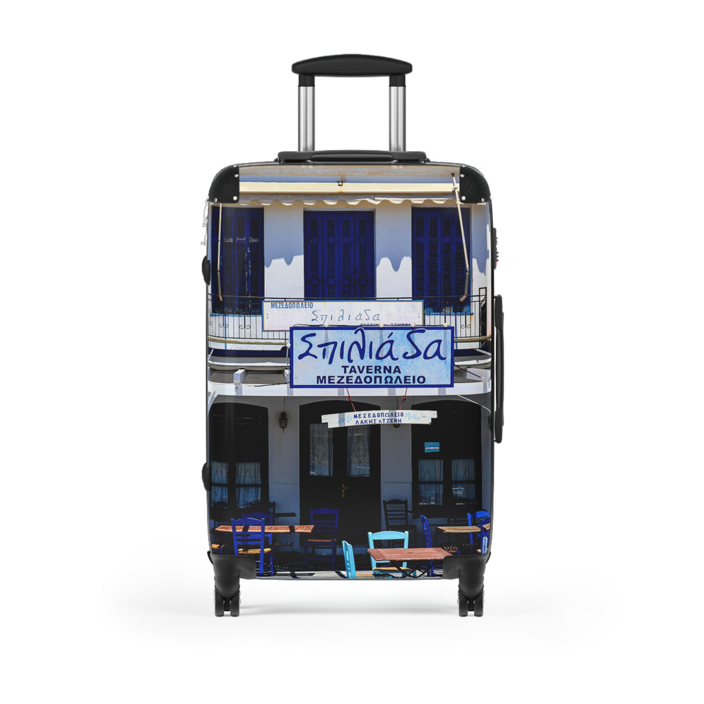 Spiliasa Taverna Poros Island Suitcase - Greek Blue Shutters Luggage | Original Photo