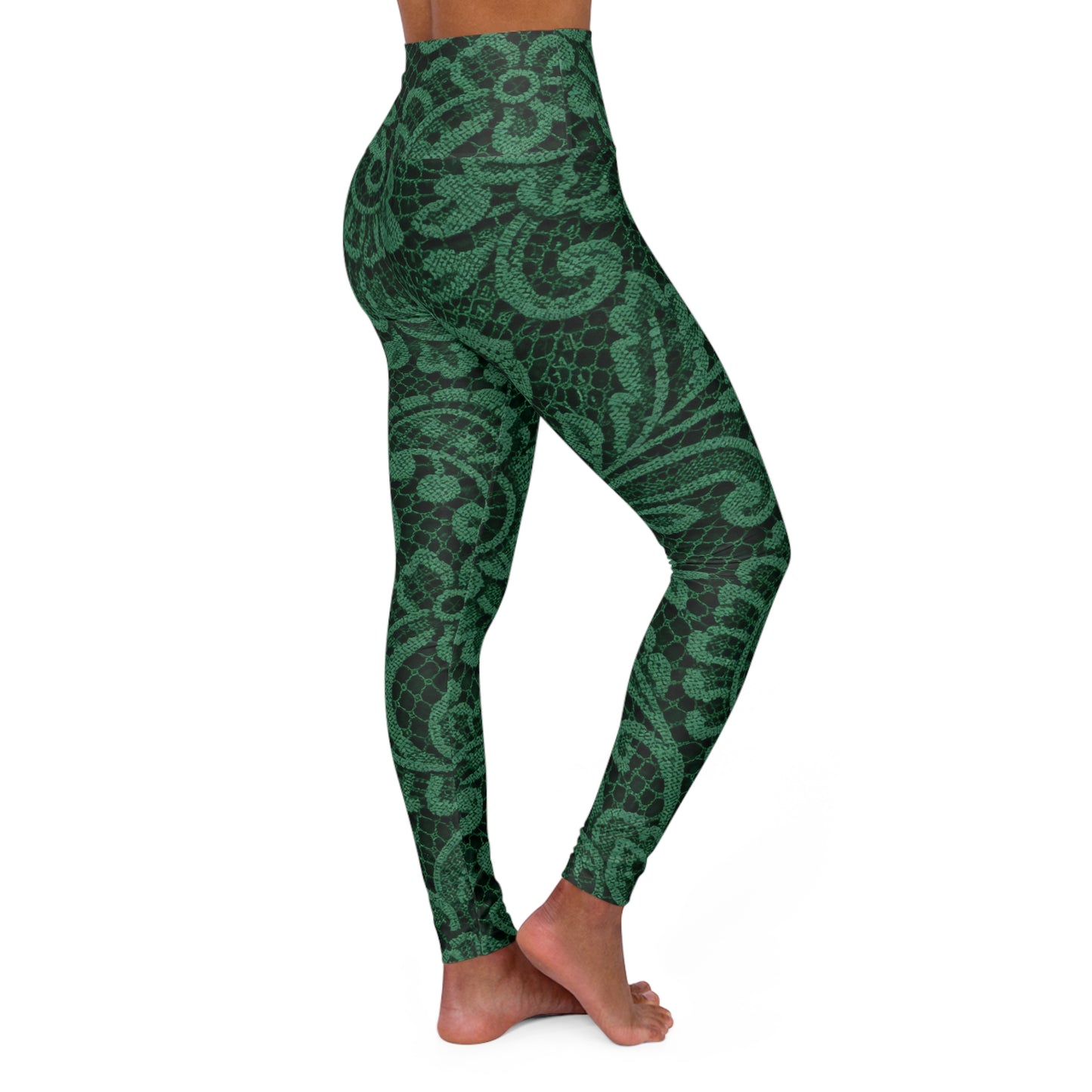 High-Waisted Yoga Leggings — Green Paisley Floral Print