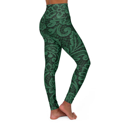 High-Waisted Yoga Leggings — Green Paisley Floral Print