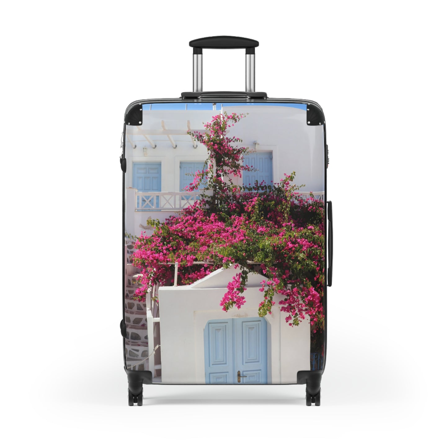 Luxury Santorini Oia Suitcase — Ghost City Edition — Pink Bougainvillea & Blue Door Photography