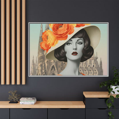 Elegant Vintage Woman with Coffee in front of Sagrada Familia in Barcelona — Retro Pop Art Framed Matte Canvas
