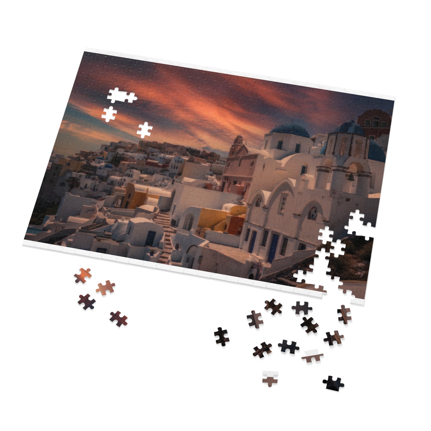 Santorini Sunset Jigsaw Puzzle, Oia Greece Blue Dome Game, Dreamy Mediterranean Sky Art, Greek Island Travel Gift, Aesthetic Scenic Puzzle