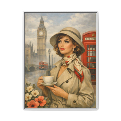 Elegant vintage woman drinking tea in front of Big Ben in London, retro British travel fashion illustration Matte Canvas