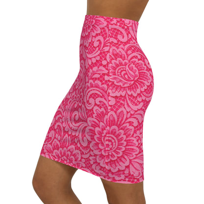 Pink Floral Lace-Pattern Pencil Skirt — Womens Mid-Waist Bodycon