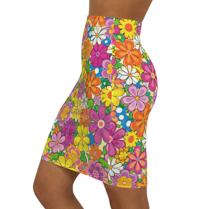 Retro Floral Pencil Skirt — Colorful 60s-Inspired Flower Print