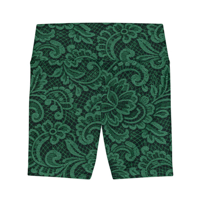 Green Lace Floral Women's Workout Shorts — High-Waist Activewear