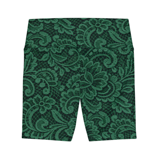 Green Lace Floral Women's Workout Shorts — High-Waist Activewear