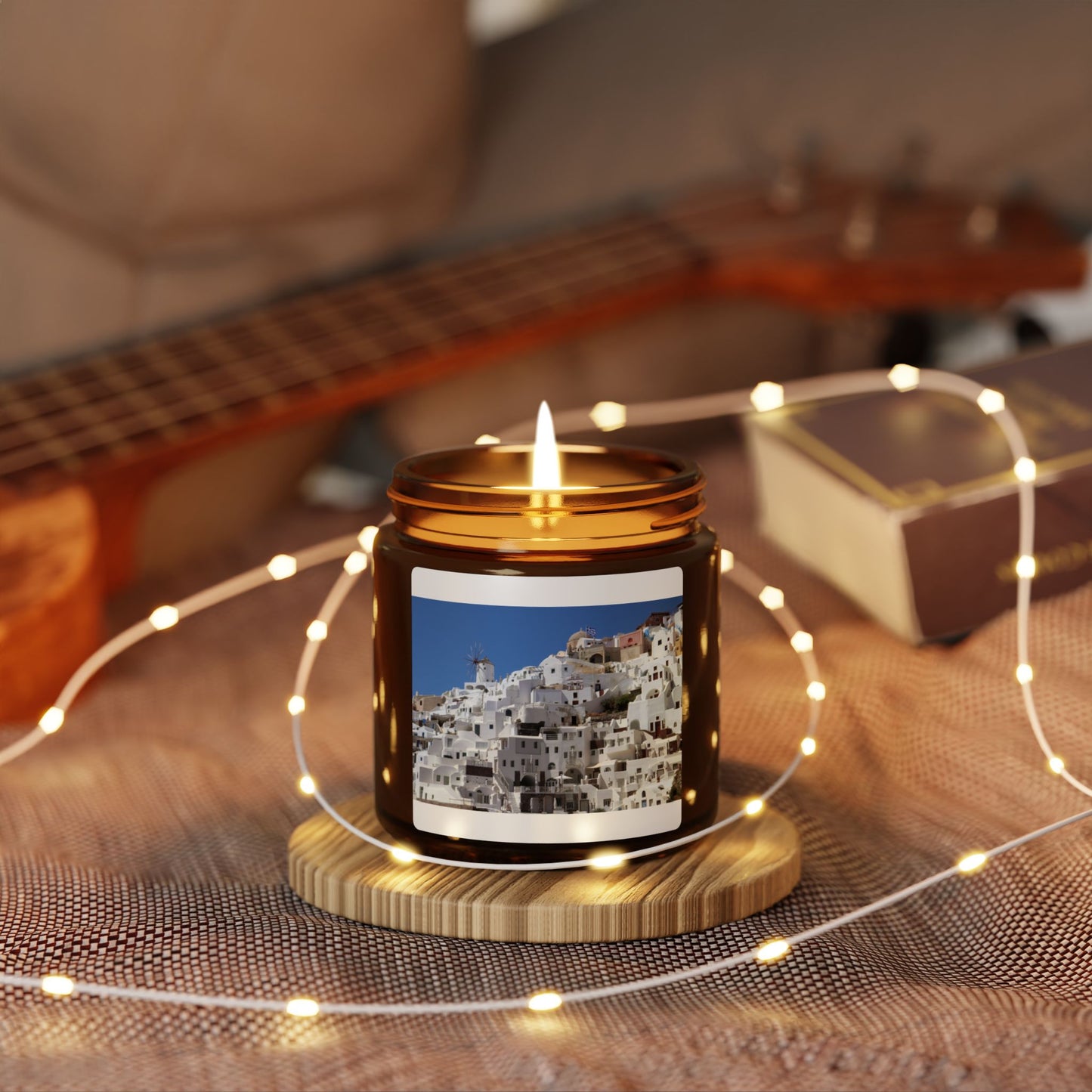 Santorini Village Photo Candle — Soy Wax Amber Jar