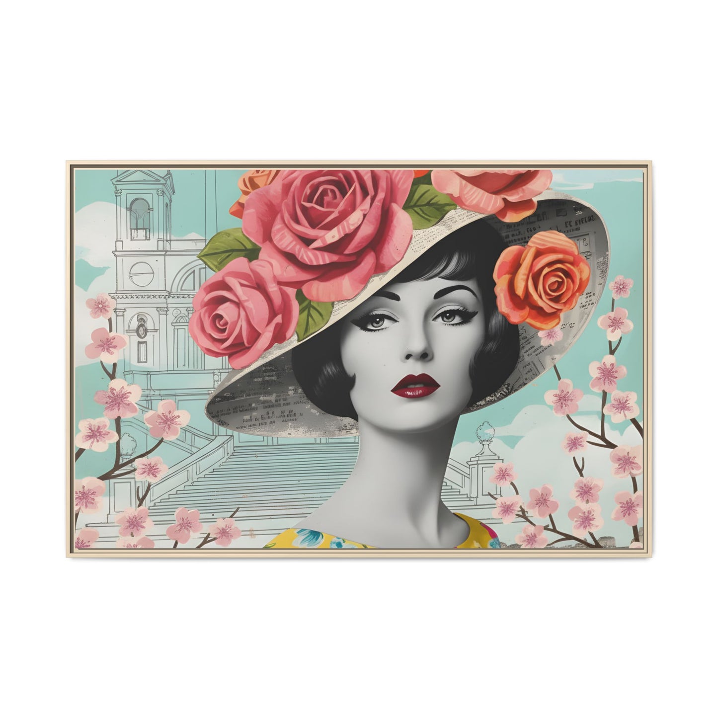 Elegant vintage pop art woman in front of Spanish Steps in Rome Canvas Print