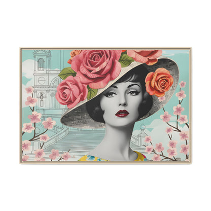 Elegant vintage pop art woman in front of Spanish Steps in Rome Canvas Print