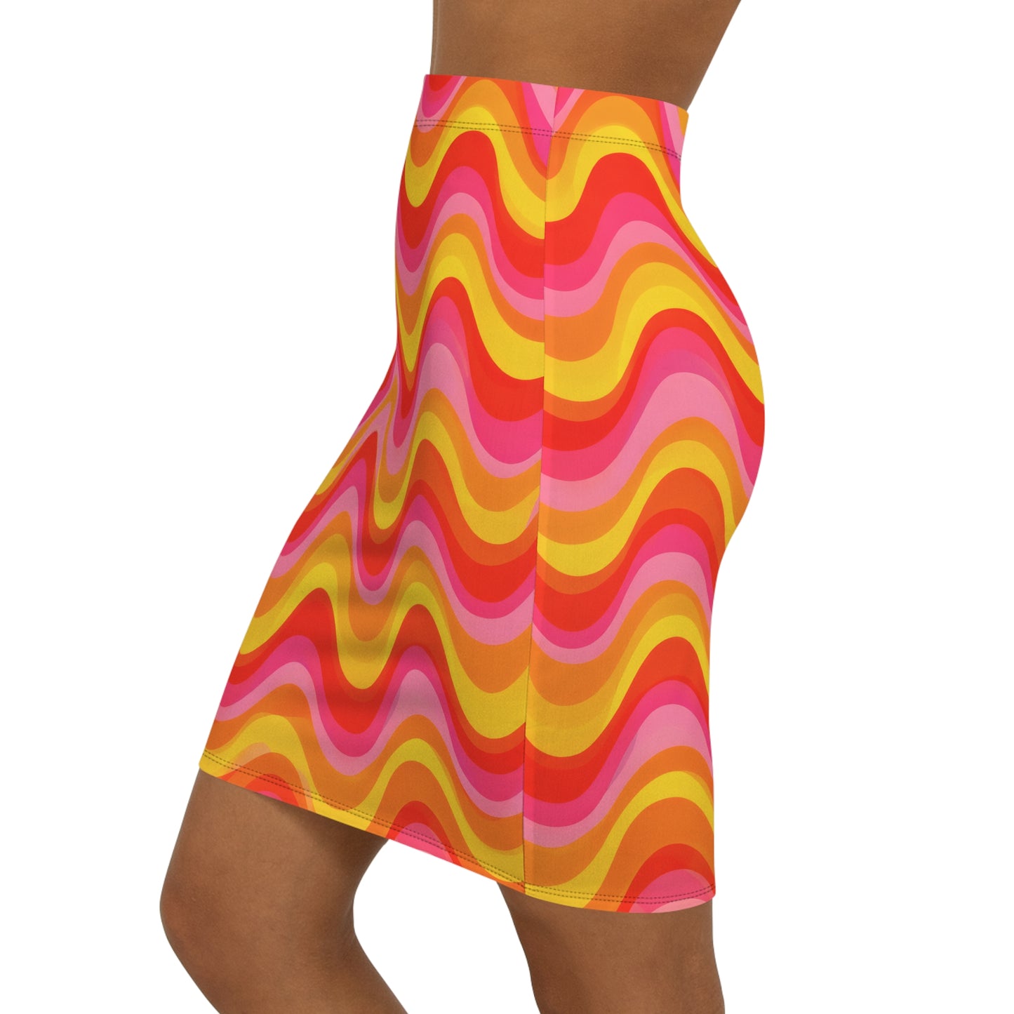 Retro Wavy Stripe Pencil Skirt — Bright 70s Inspired Mid‑Waist Print