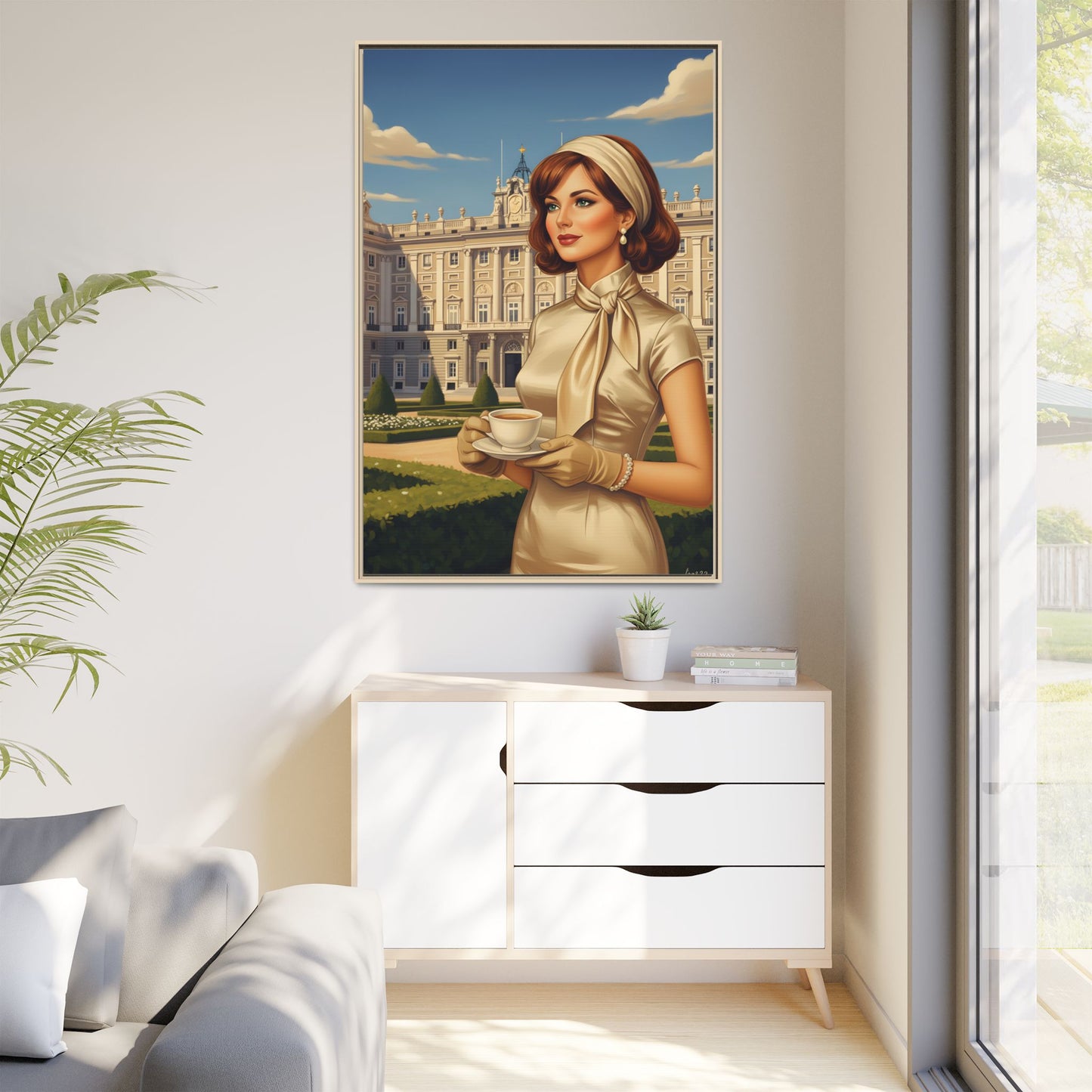 Elegant vintage woman drinking coffee in front of Royal Palace in Madrid Canvas Framed Wall Art