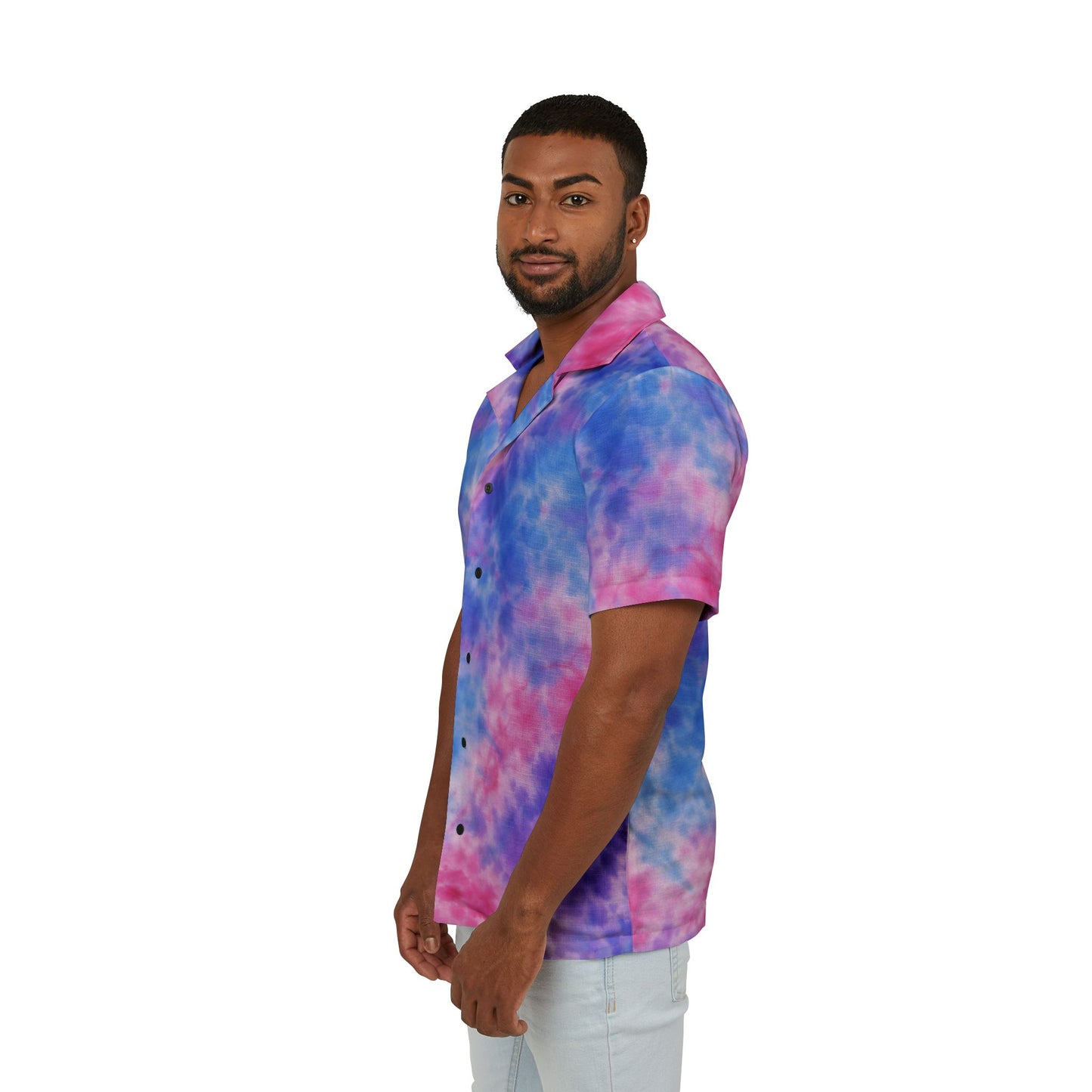 Men's Tie-Dye Hawaiian Camp Shirt — Pink & Blue Vacation Button-Up
