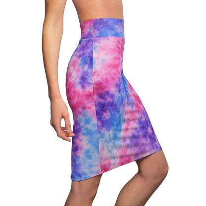 Tie-Dye Pastel Pencil Skirt — Pink Blue Purple All-Over Print