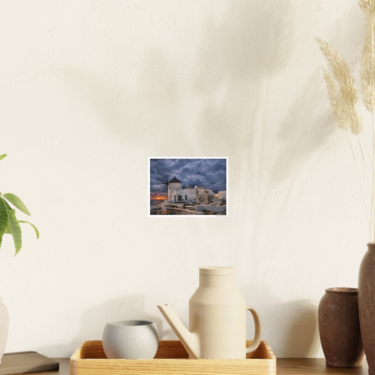 Oia Santorini Windmill Sunset Poster — Mediterranean Landscape Photo Art Print