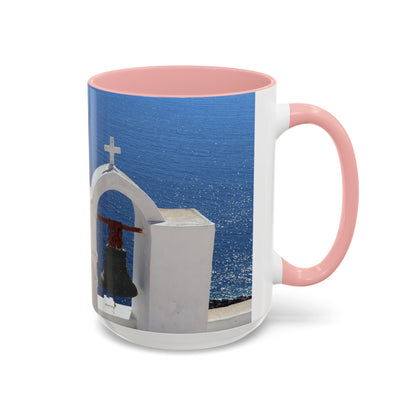 Santorini Bell Towers coffee mug | Greek island scene, blue sea accent mug
