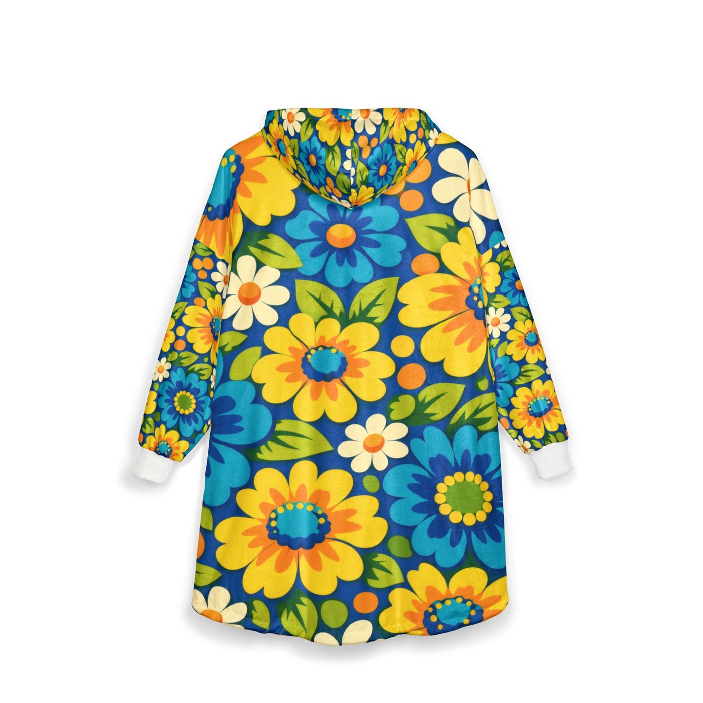 Floral Hoodie — Retro Blue & Yellow Flower Sherpa
