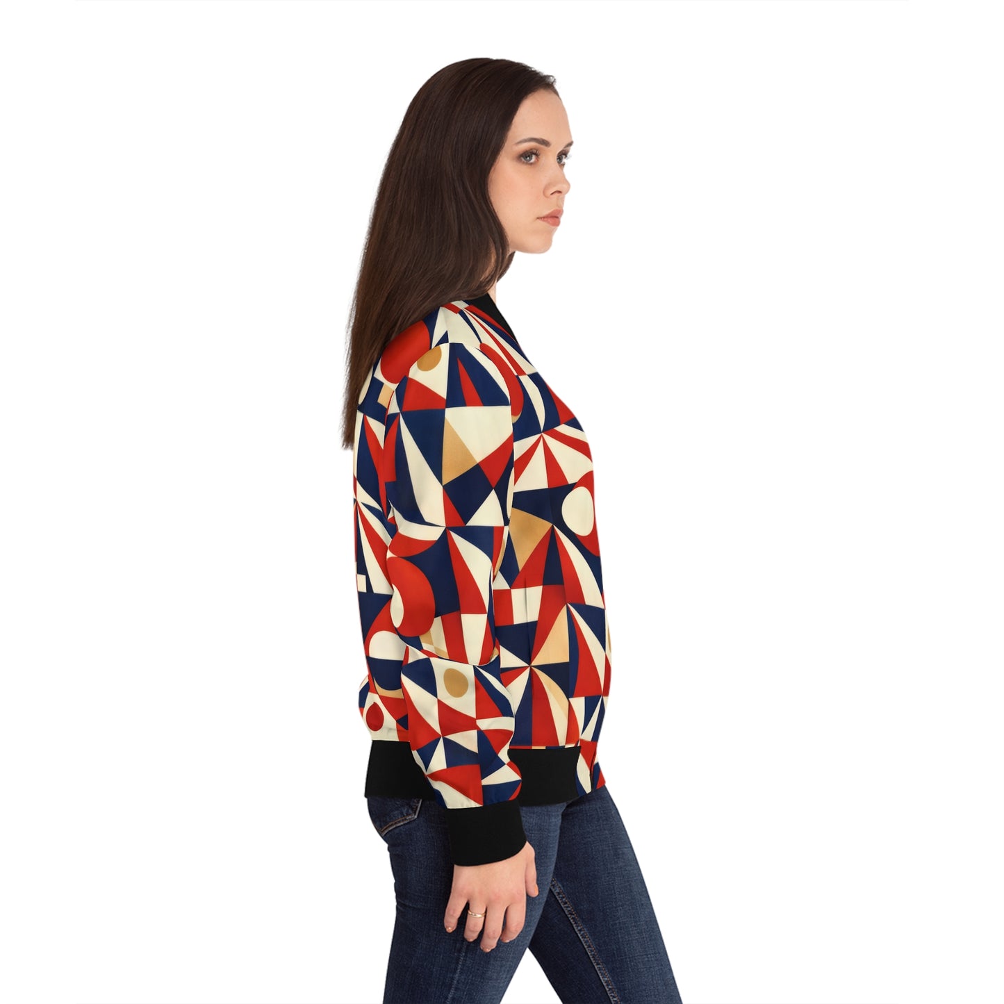 Bomber Jacket — Retro Geometric Red & Navy All-Over Print