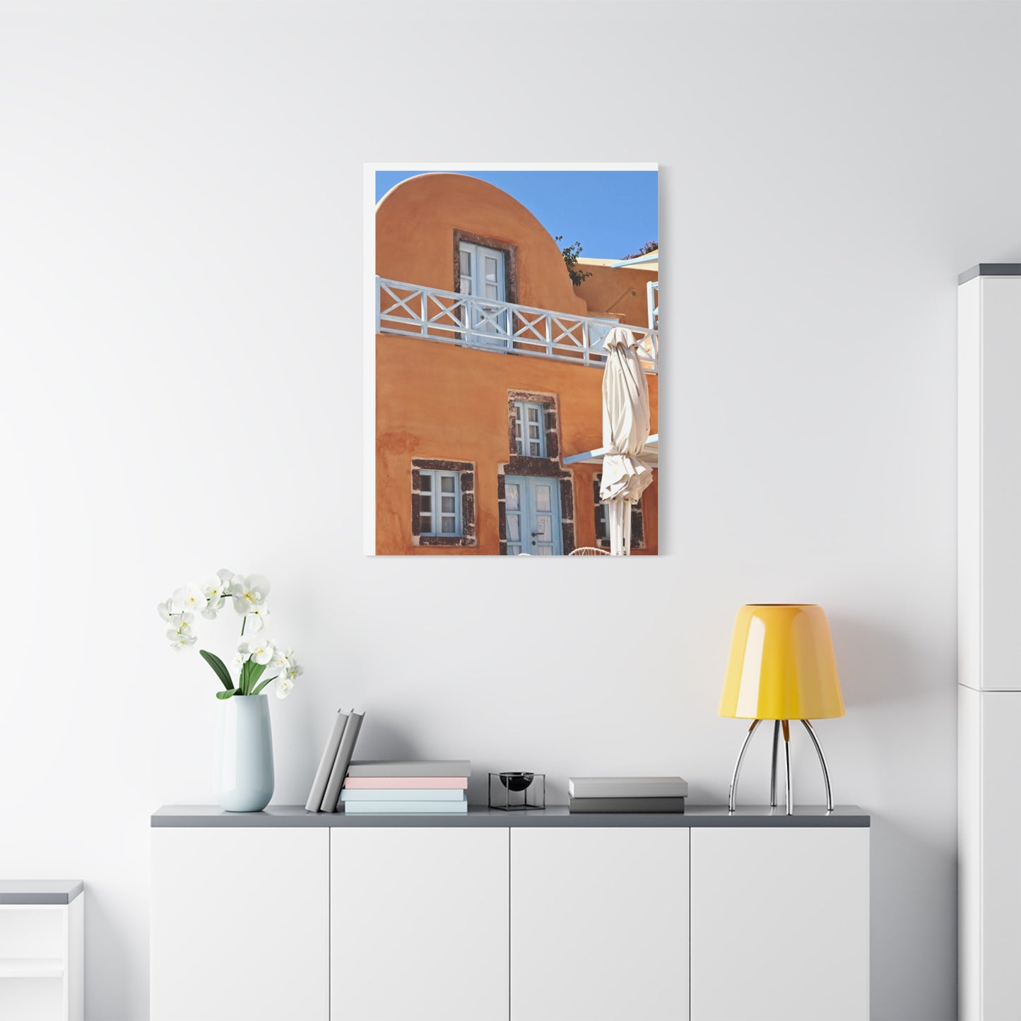 Oia Santorini Orange Facade Canvas — Mediterranean Terracotta Matte Wall Art