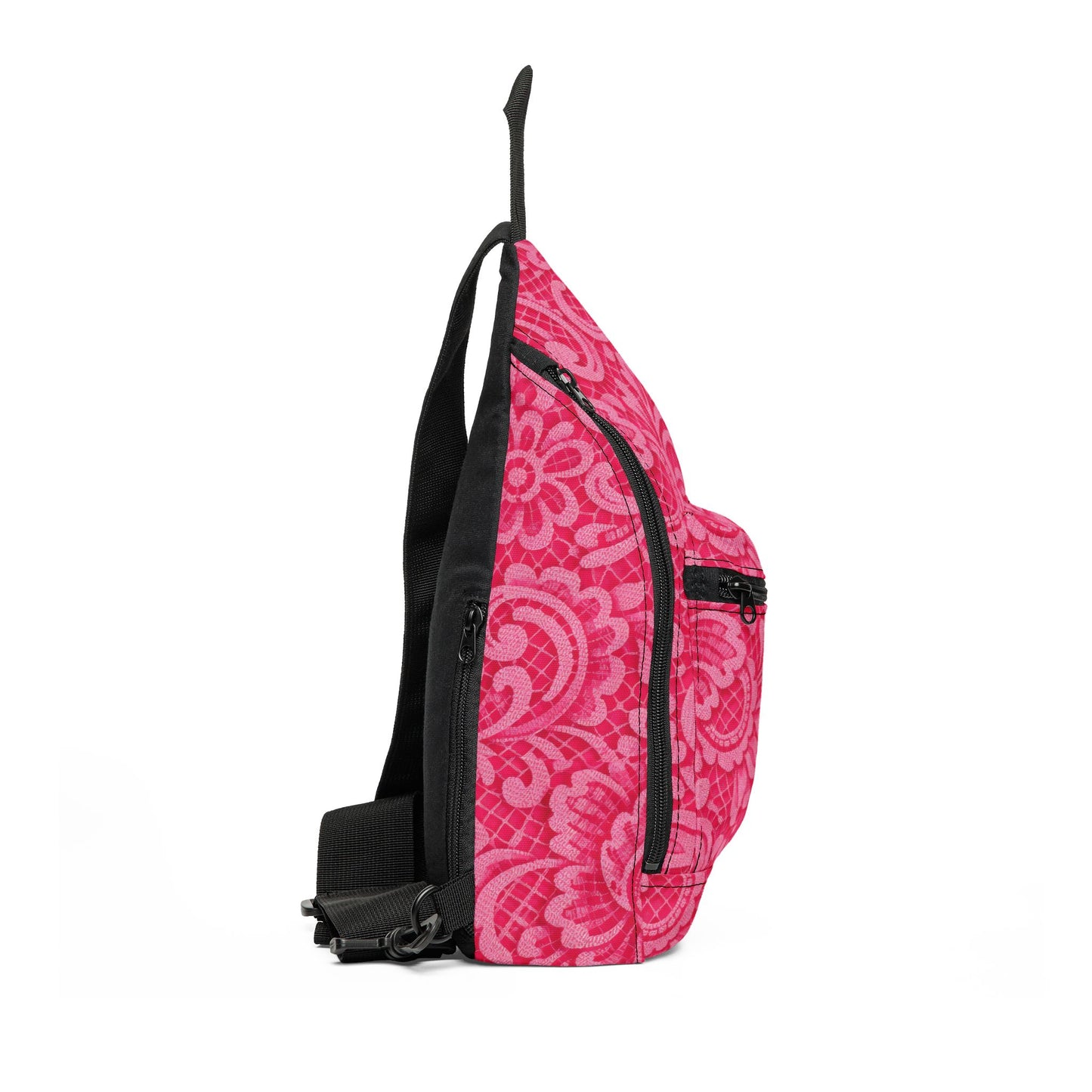 Pink Damask Sling Bag – Floral Pattern Crossbody Backpack for Everyday Travel