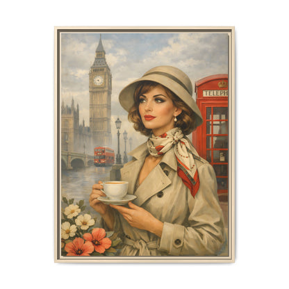 Elegant vintage woman drinking tea in front of Big Ben in London, retro British travel fashion illustration Matte Canvas