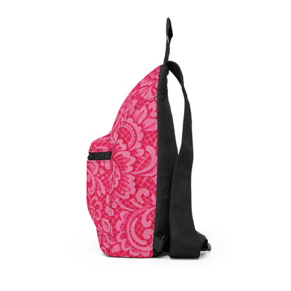 Pink Damask Sling Bag – Floral Pattern Crossbody Backpack for Everyday Travel