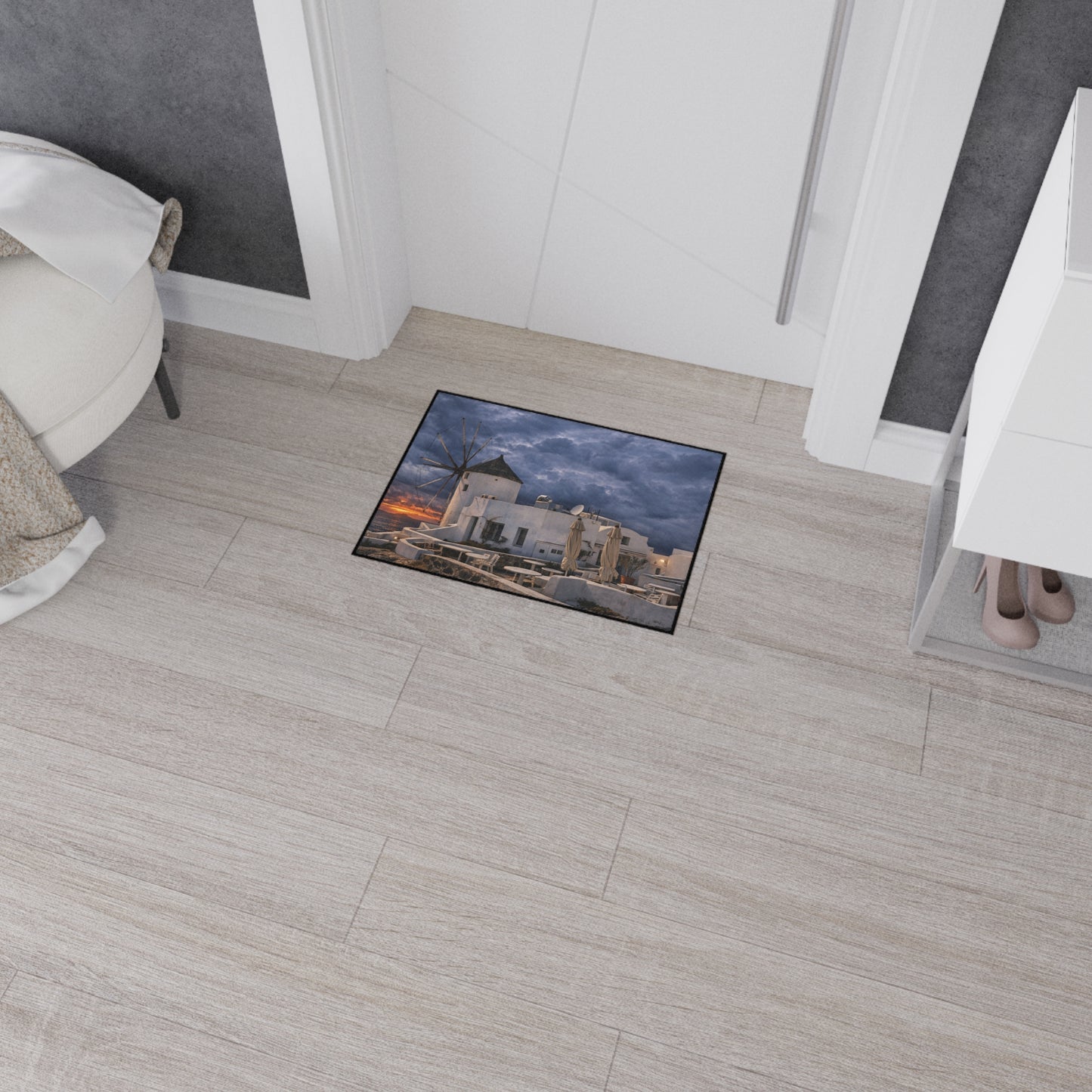 Oia Santorini Windmill Floor Mat — Mediterranean Coastal Sunset Home Decor