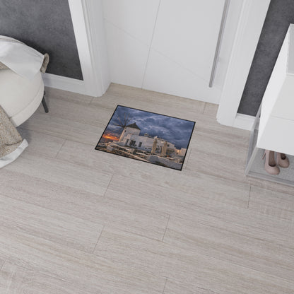 Oia Santorini Windmill Floor Mat — Mediterranean Coastal Sunset Home Decor