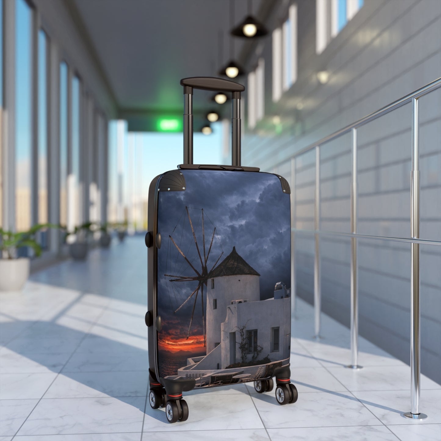 Oia Santorini Windmill Sunset Suitcase — Moody Greek Island Hard Shell Travel Luggage