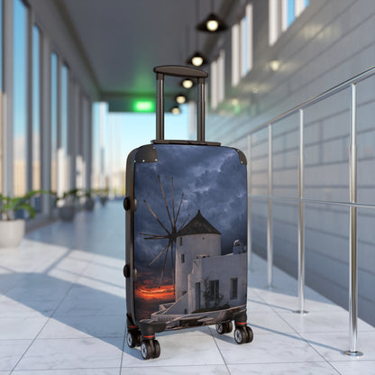 Oia Santorini Windmill Sunset Suitcase — Moody Greek Island Hard Shell Travel Luggage
