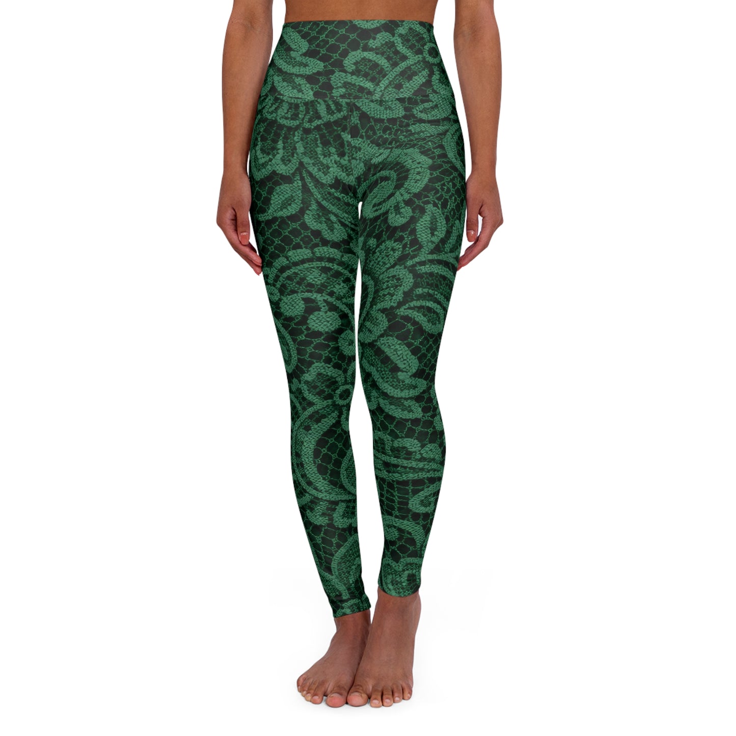 High-Waisted Yoga Leggings — Green Paisley Floral Print