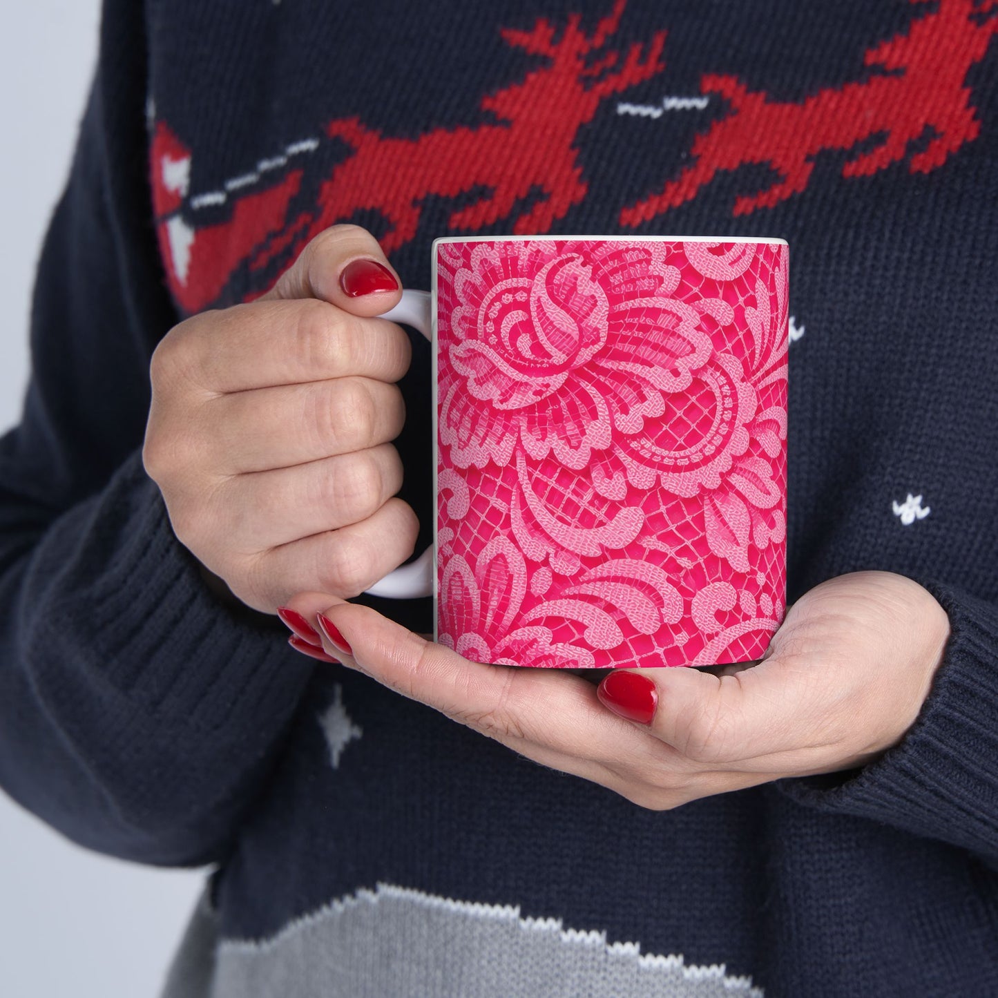 Pink Floral Lace Ceramic Mug — Decorative Paisley Pattern Coffee Cup (11oz, 15oz)