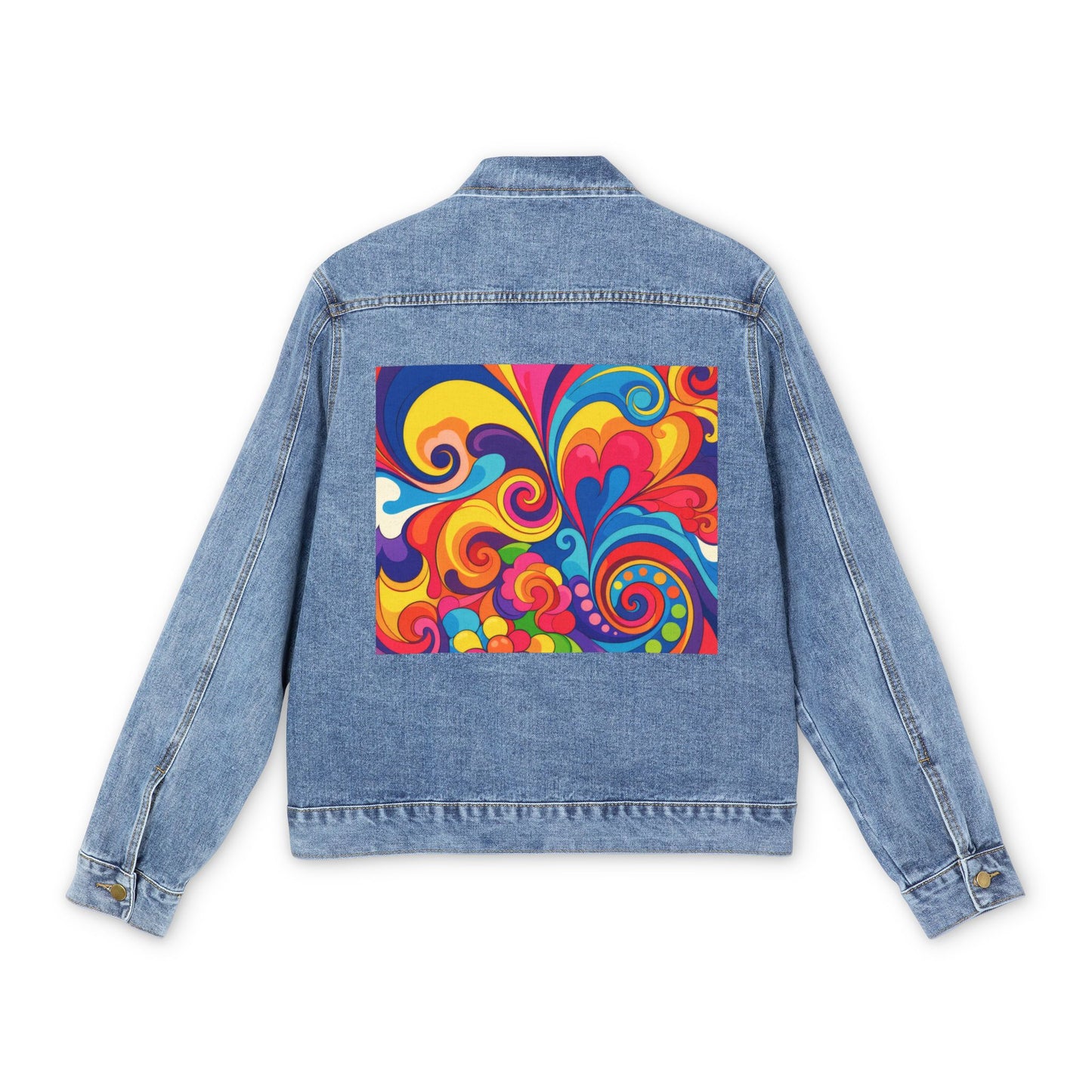 Men's Denim Jacket with Colorful Retro Psychedelic Back Patch — Vibrant 70s Swirl Design