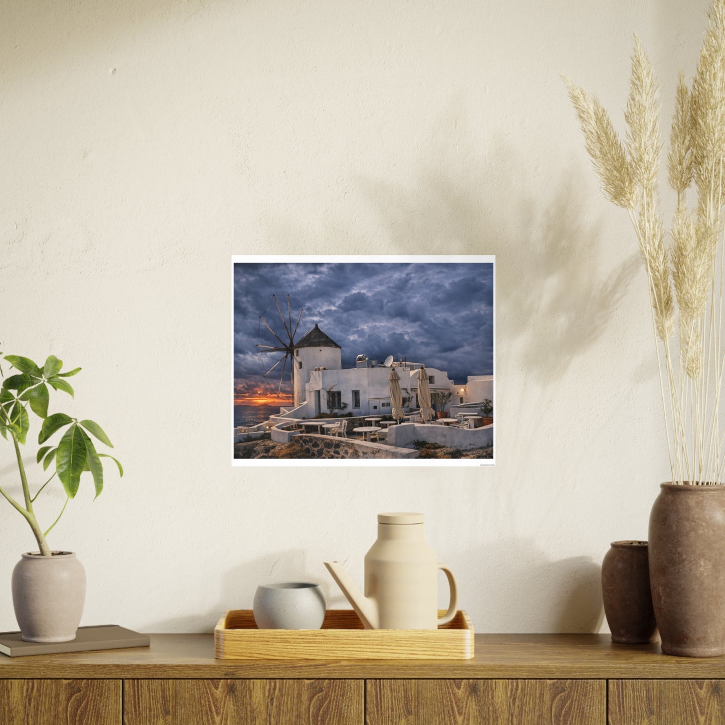 Oia Santorini Windmill Sunset Poster — Mediterranean Landscape Photo Art Print