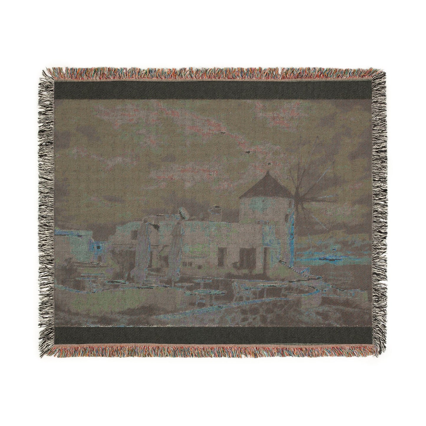 Oia Santorini Windmill Woven Blanket — Coastal Nightscape Cotton Throw