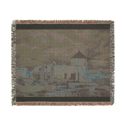 Oia Santorini Windmill Woven Blanket — Coastal Nightscape Cotton Throw