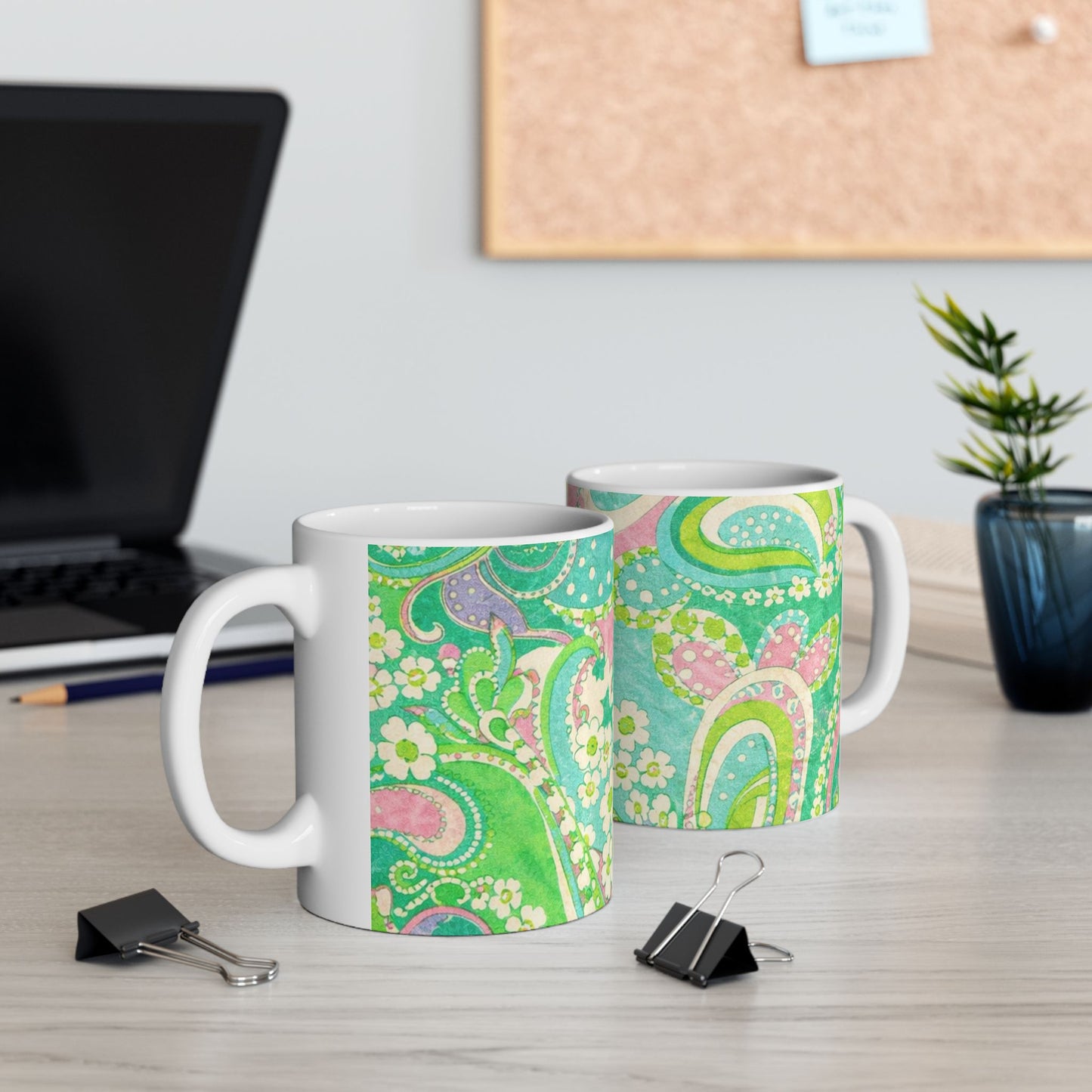 Green Paisley Ceramic Mug — Retro Floral 11oz & 15oz Coffee Cup