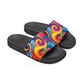 Black slide sandals with colorful swirl strap on a white background