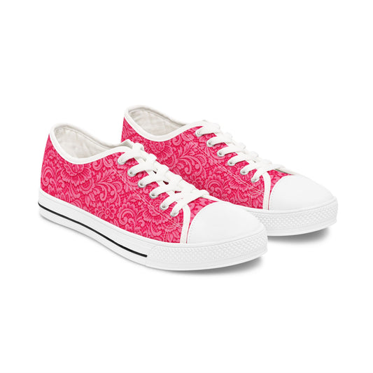 Pink Floral Lace Pattern Women's Low Top Sneakers — Casual Canvas Shoes for Spring & Everyday Wear