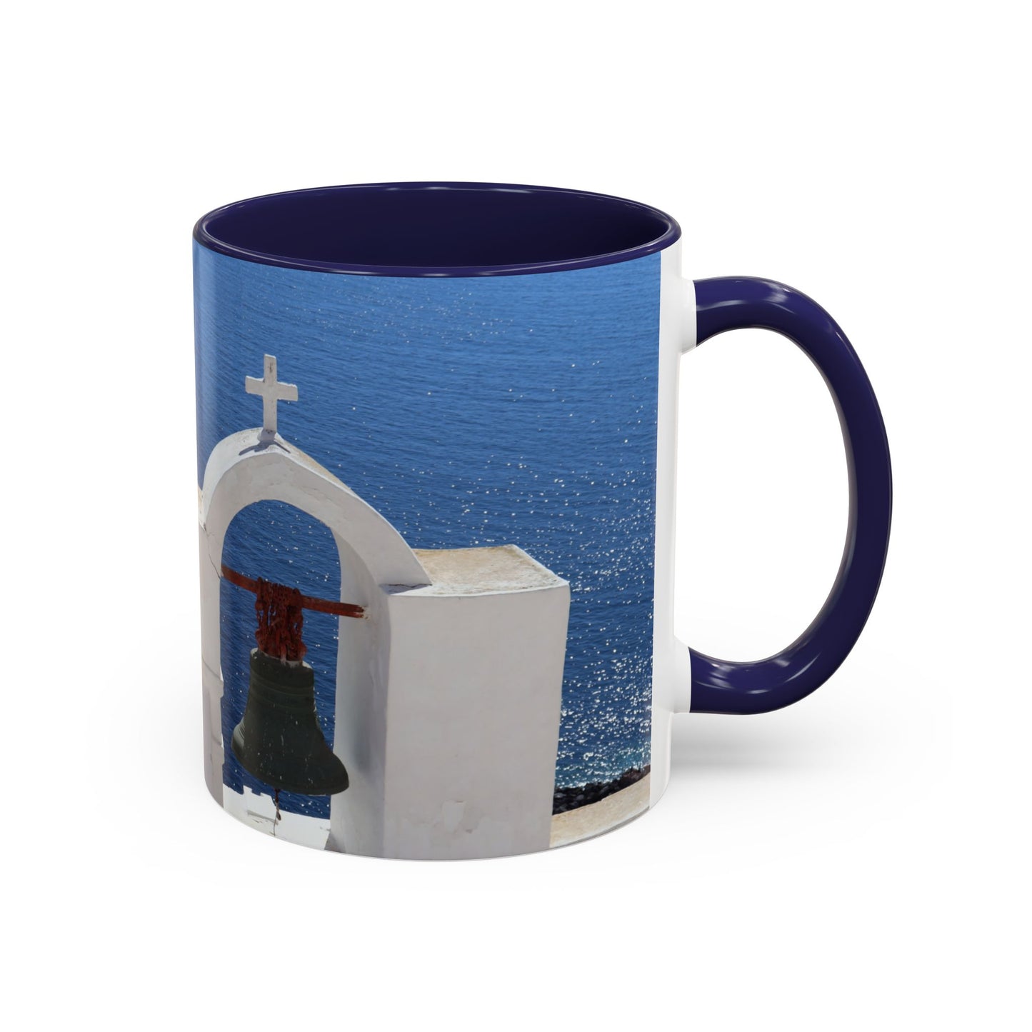 Santorini Bell Towers coffee mug | Greek island scene, blue sea accent mug