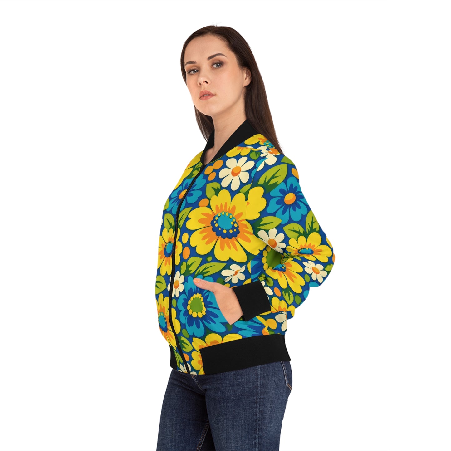Floral Bomber Jacket — Retro Yellow & Blue Flower All-Over Print
