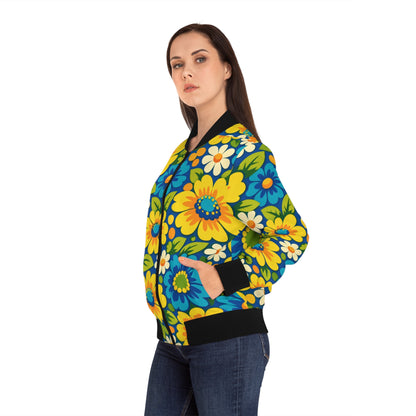 Floral Bomber Jacket — Retro Yellow & Blue Flower All-Over Print