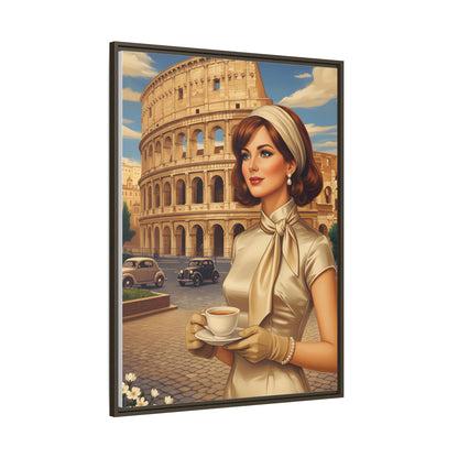 Elegant vintage woman drinking coffee in front of Colosseum in Rome Canvas Print