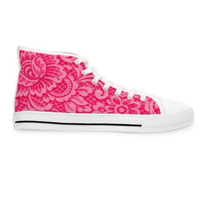 Pink Floral Lace High-Top Sneakers — Women's Patterned Canvas Shoes