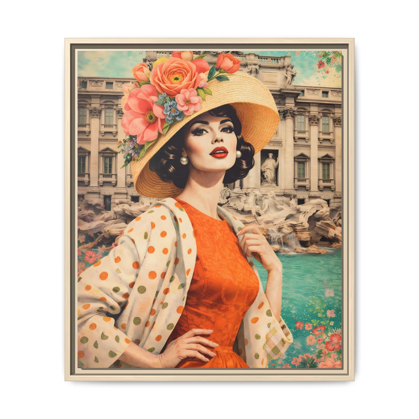 Elegant glamorous vintage woman in Rome front of Trevi Fountain, retro Italian travel fashion illustration,Framed Matte Canvas Art