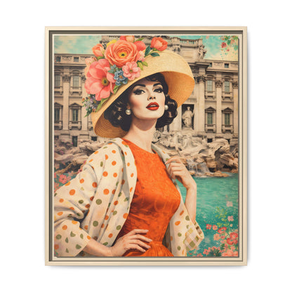 Elegant glamorous vintage woman in Rome front of Trevi Fountain, retro Italian travel fashion illustration,Framed Matte Canvas Art