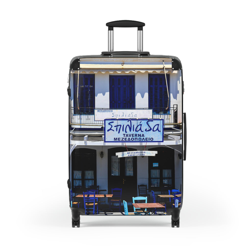 Spiliasa Taverna Poros Island Suitcase - Greek Blue Shutters Luggage | Original Photo