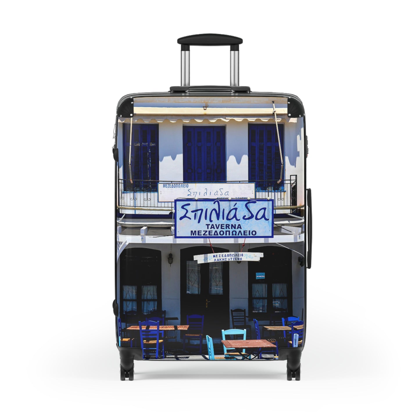 Greek Taverna Photo Suitcase | Blue Shutters Mediterranean Travel Luggage